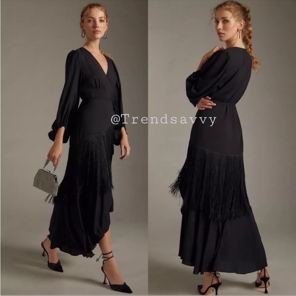 ANTHROPOLOGIE Wrap Fringe V-neck Long Sleeves Maxi Dress Black Hutch NWT
